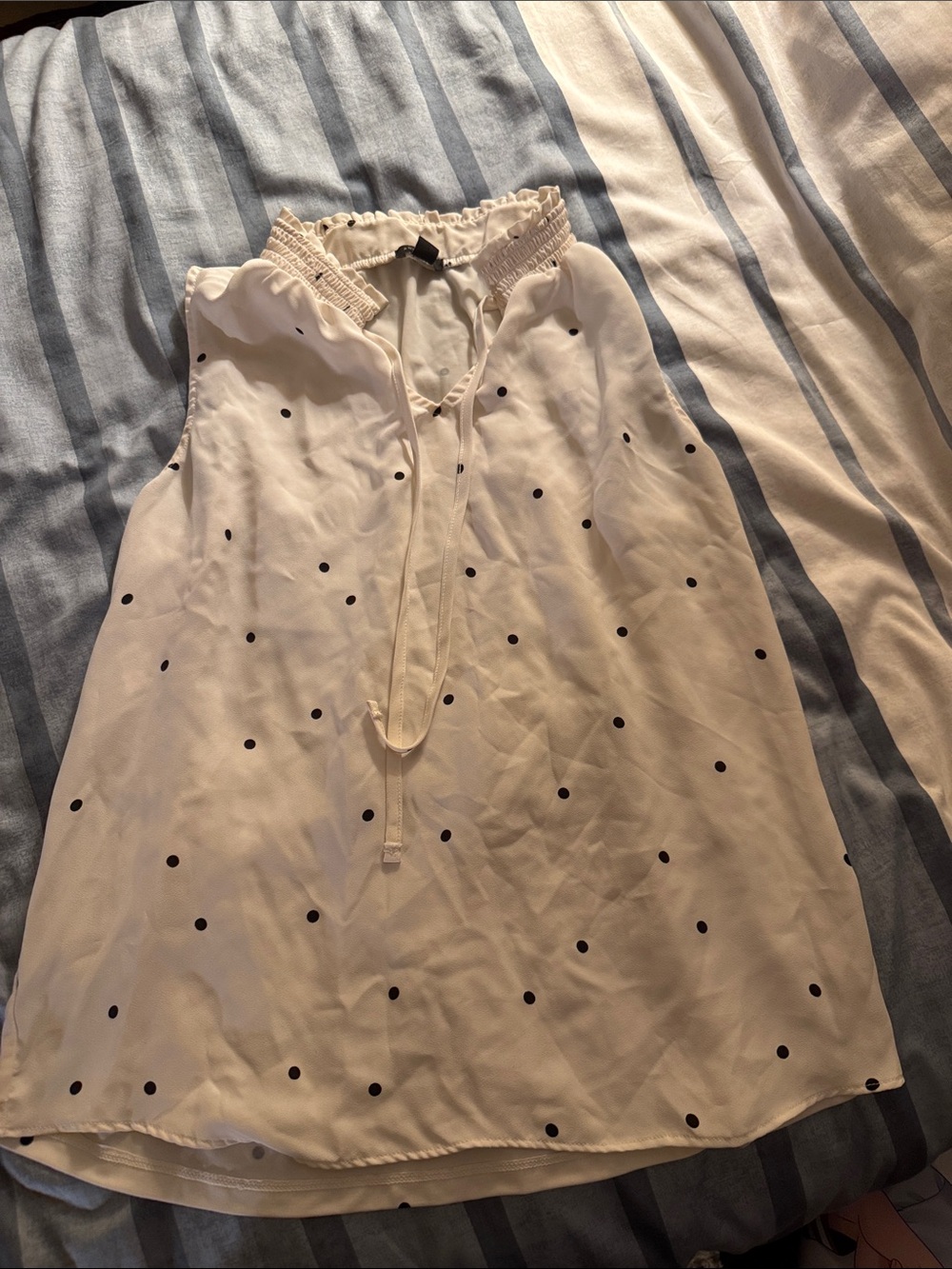 Polka Dot Sleeveless Tie-Neck Dress - Cream with Black Dots